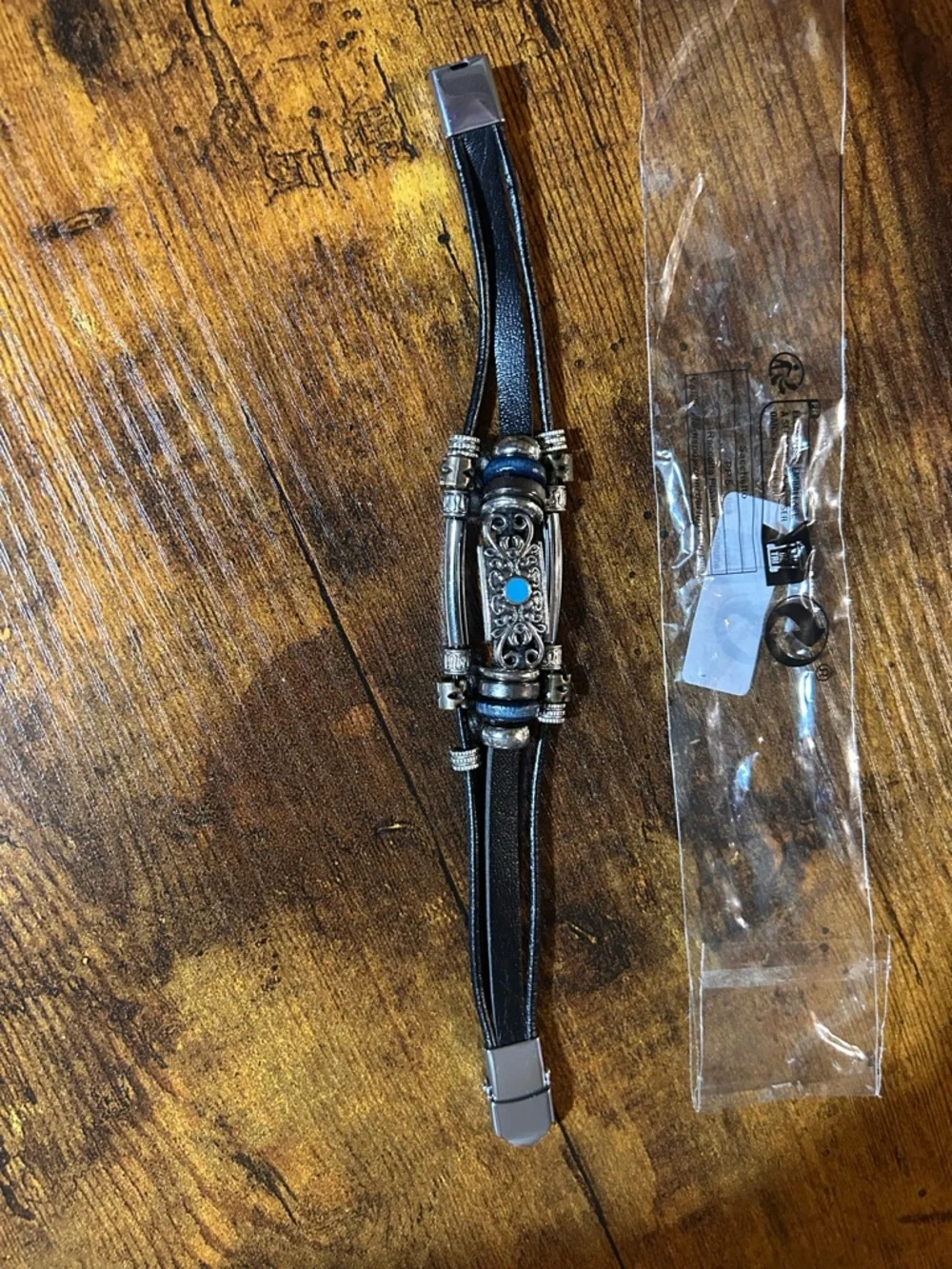 Vintage Multilayer Black Leather Bracelet Silver Accents and Turquoise Stone